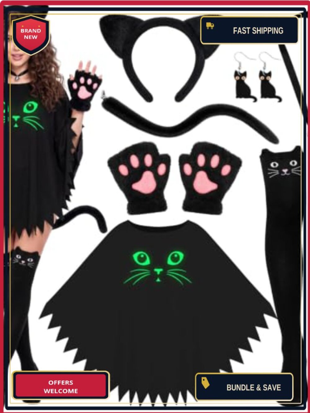 Glow in The Dark Black Cat Costume Set 7 Pcs Cape Cape Headband Tail